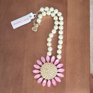 Betsey Johnson Pearl Strand Necklace with Pink Crystal Flower Pendant